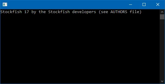 A screenshot of a command prompt window on Windows. Inside the terminal area, a single line at the very top reads: "Stockfish 17 by the Stockfish developers (see AUTHORS file)".